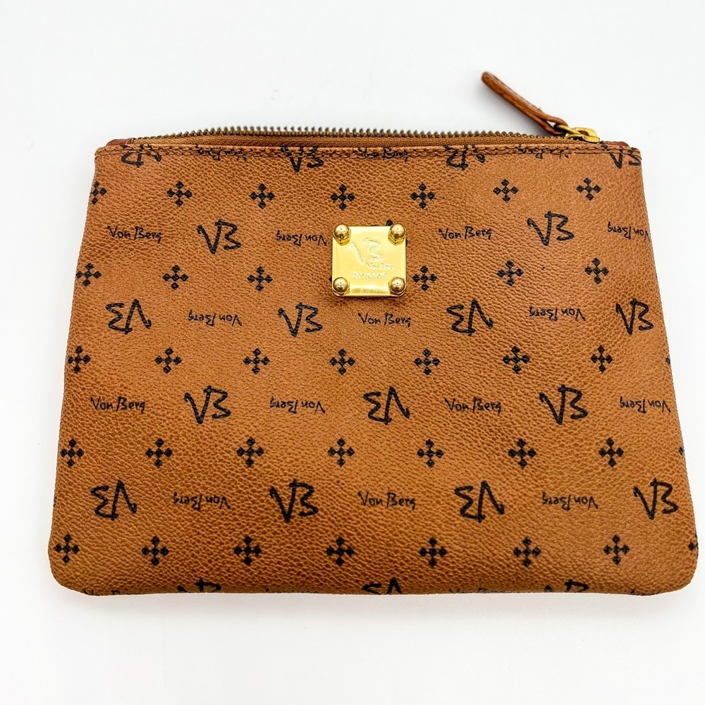 Very Rare! VON BERG Monogram Print Brown Canvas Clutch Pochette